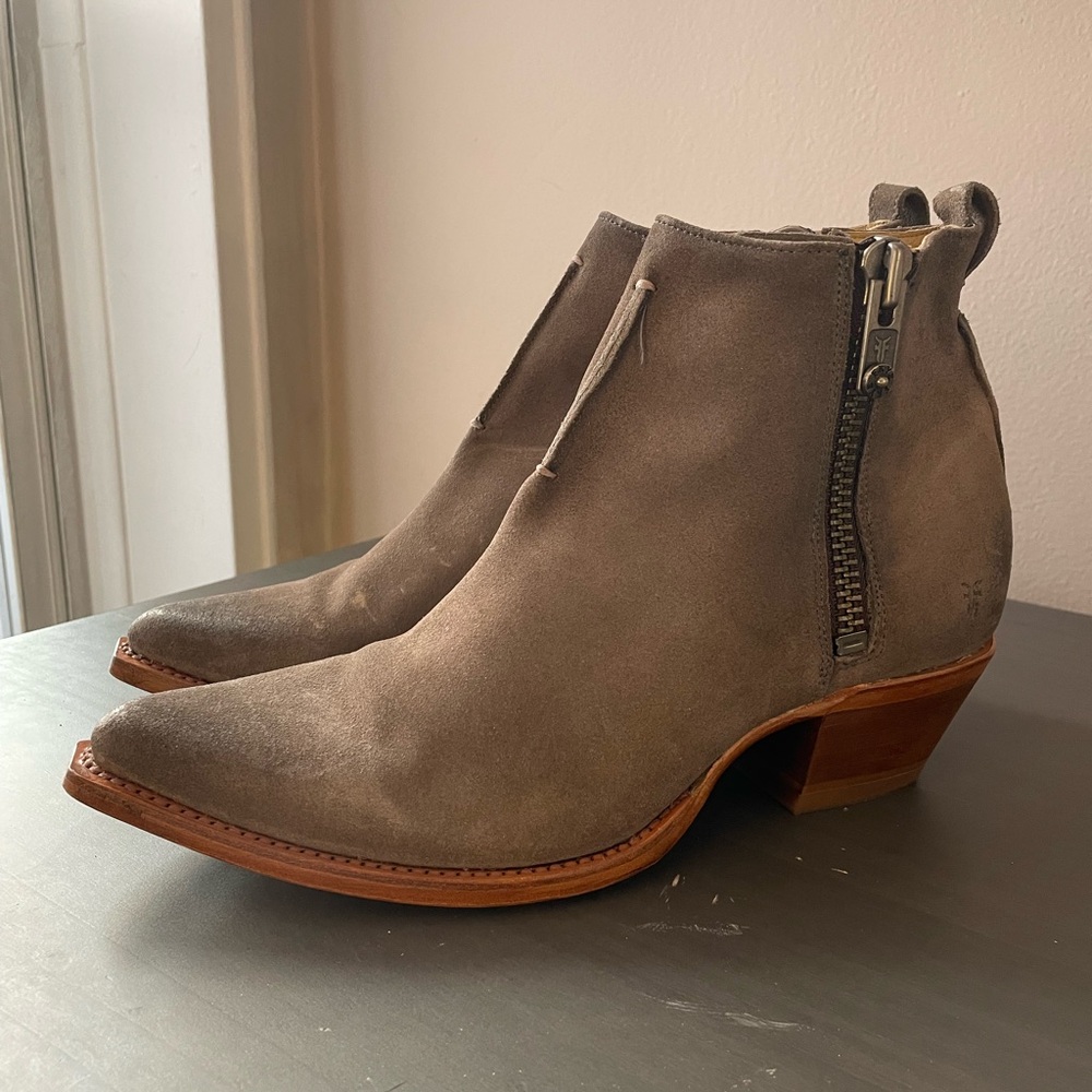 Frye Taupe Suede Ankle Booties with Side Zip